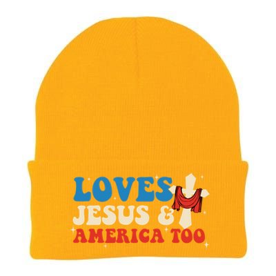 Loves Jesus And America Too God Christian Groovy 4th Of July Knit Cap Winter Beanie