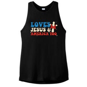 Loves Jesus And America Too God Christian Groovy 4th Of July Ladies PosiCharge Tri-Blend Wicking Tank