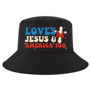 Loves Jesus And America Too God Christian Groovy 4th Of July Cool Comfort Performance Bucket Hat