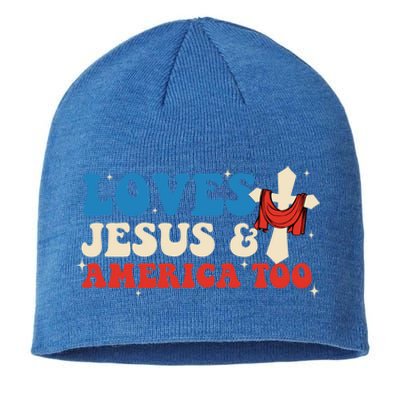 Loves Jesus And America Too God Christian Groovy 4th Of July Sustainable Beanie