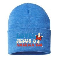 Loves Jesus And America Too God Christian Groovy 4th Of July Sustainable Knit Beanie