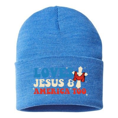 Loves Jesus And America Too God Christian Groovy 4th Of July Sustainable Knit Beanie