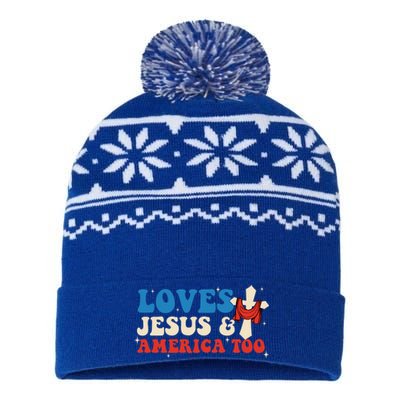 Loves Jesus And America Too God Christian Groovy 4th Of July USA-Made Snowflake Beanie