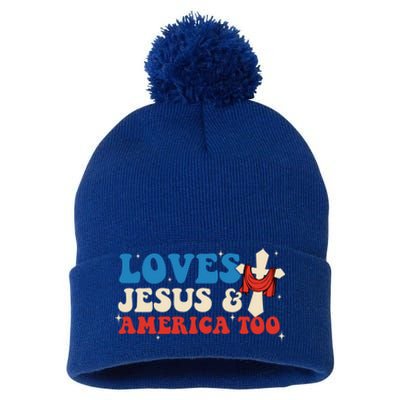 Loves Jesus And America Too God Christian Groovy 4th Of July Pom Pom 12in Knit Beanie