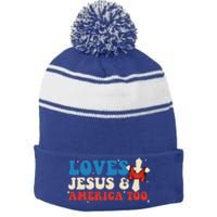 Loves Jesus And America Too God Christian Groovy 4th Of July Stripe Pom Pom Beanie