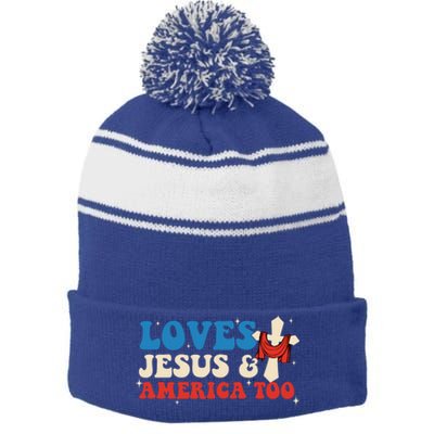 Loves Jesus And America Too God Christian Groovy 4th Of July Stripe Pom Pom Beanie