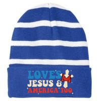 Loves Jesus And America Too God Christian Groovy 4th Of July Striped Beanie with Solid Band