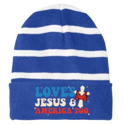 Loves Jesus And America Too God Christian Groovy 4th Of July Striped Beanie with Solid Band