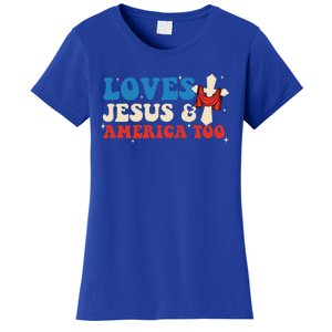 Loves Jesus And America Too God Christian Groovy 4th Of July Women's T-Shirt