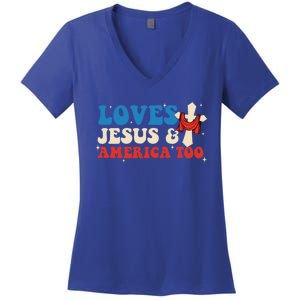 Loves Jesus And America Too God Christian Groovy 4th Of July Women's V-Neck T-Shirt