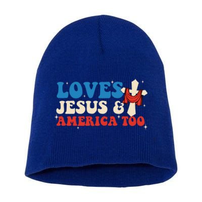 Loves Jesus And America Too God Christian Groovy 4th Of July Short Acrylic Beanie