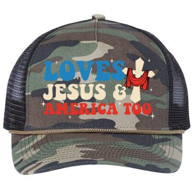 Loves Jesus And America Too God Christian Groovy 4th Of July Retro Rope Trucker Hat Cap