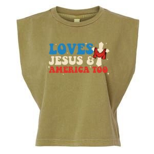 Loves Jesus And America Too God Christian Groovy 4th Of July Garment-Dyed Women's Muscle Tee