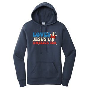 Loves Jesus And America Too God Christian Groovy 4th Of July Women's Pullover Hoodie