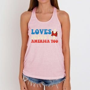 Loves Jesus And America Too God Christian Groovy 4th Of July Women's Knotted Racerback Tank