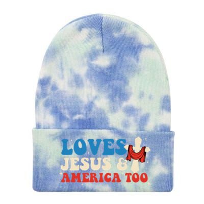 Loves Jesus And America Too God Christian Groovy 4th Of July Tie Dye 12in Knit Beanie