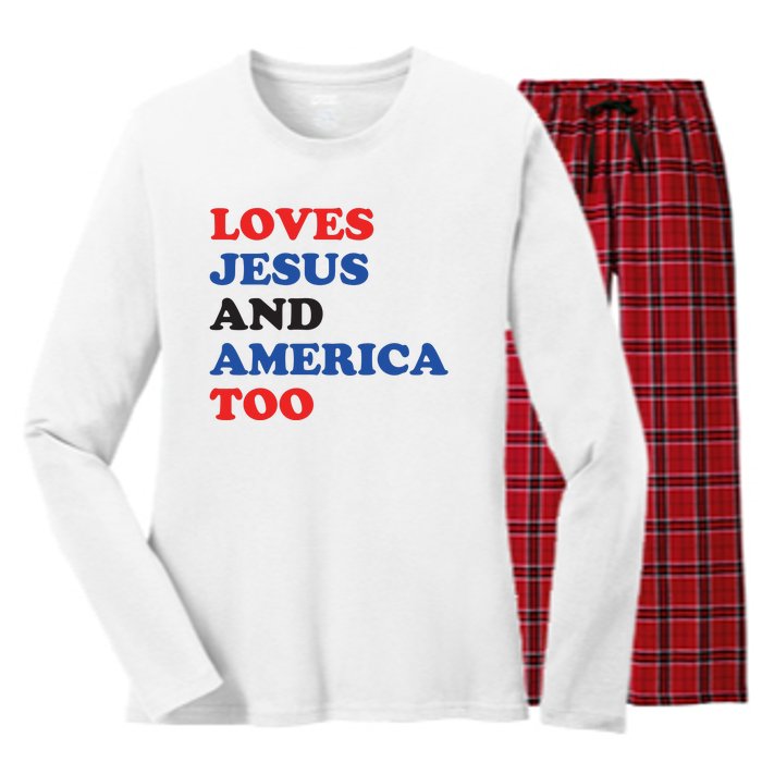 Loves Jesus And America Too 4th Of July Women's Long Sleeve Flannel Pajama Set 