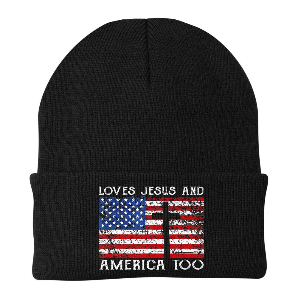Loves Jesus And America Too Usa Patriotic Christian Beanie