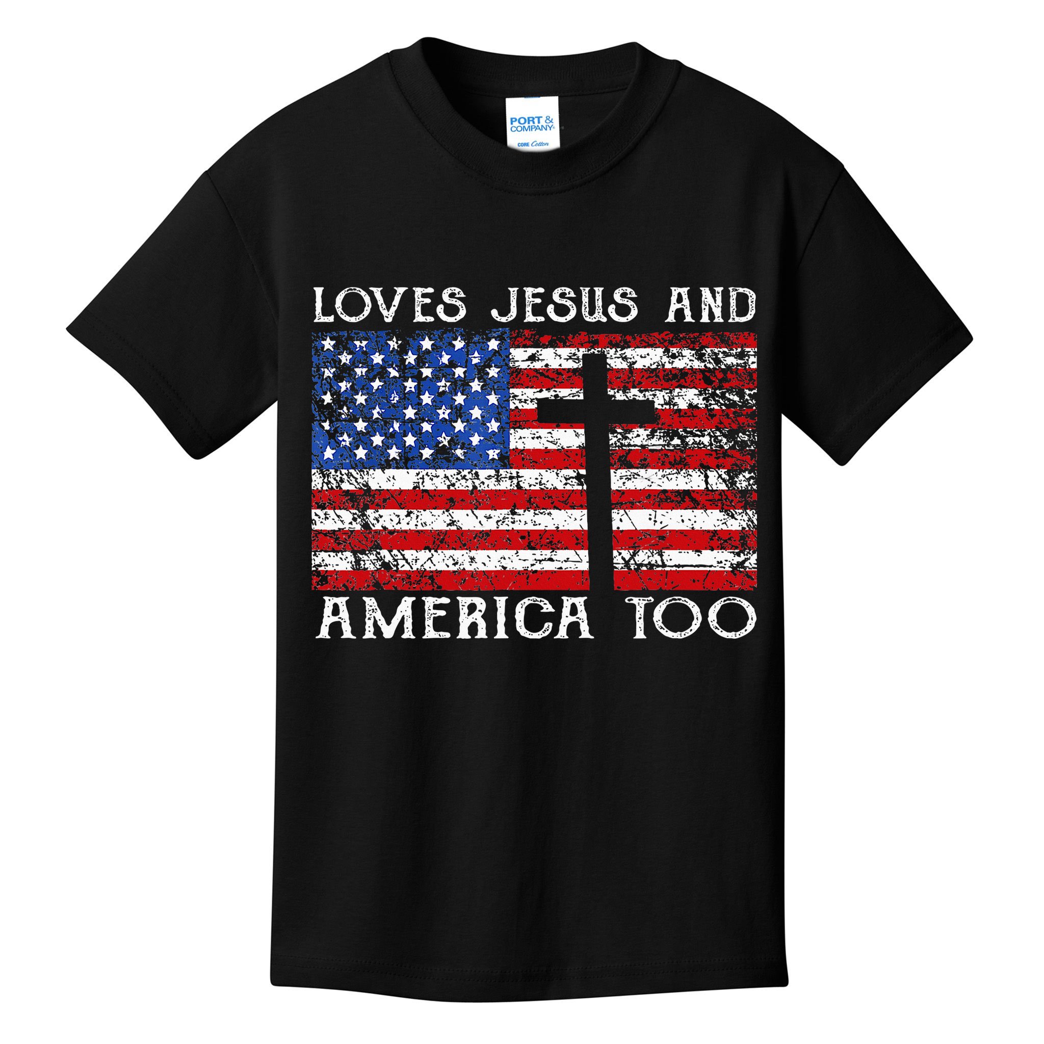 Loves Jesus And America Too Usa Patriotic Christian Kids T-Shirt