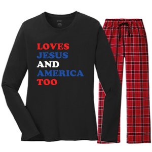 Loves Jesus And America Too 4th Of July Women's Long Sleeve Flannel Pajama Set 