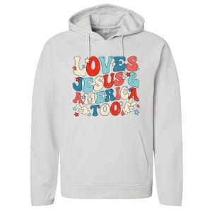 Loves Jesus and America Too Groovy 4th of July God Christian Performance Fleece Hoodie