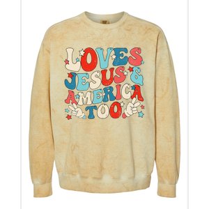 Loves Jesus and America Too Groovy 4th of July God Christian Colorblast Crewneck Sweatshirt