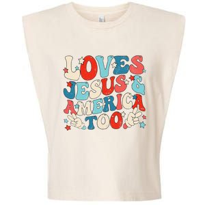 Loves Jesus and America Too Groovy 4th of July God Christian Garment-Dyed Women's Muscle Tee