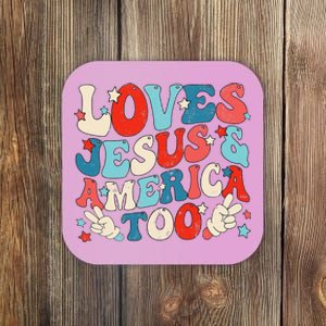 Loves Jesus and America Too Groovy 4th of July God Christian Coaster