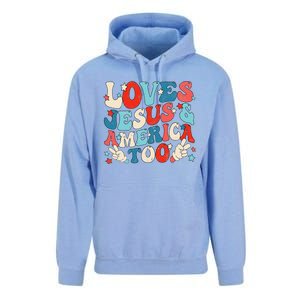 Loves Jesus and America Too Groovy 4th of July God Christian Unisex Surf Hoodie