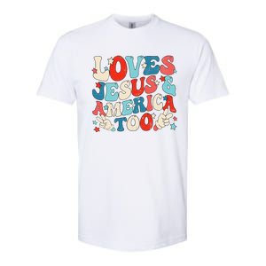 Loves Jesus and America Too Groovy 4th of July God Christian Softstyle CVC T-Shirt