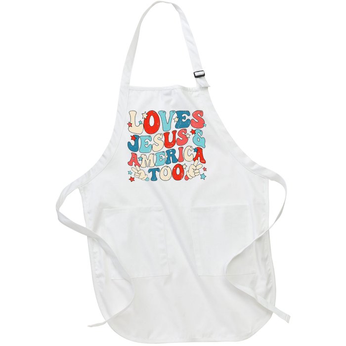 Loves Jesus and America Too Groovy 4th of July God Christian Full-Length Apron With Pockets