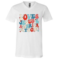 Loves Jesus and America Too Groovy 4th of July God Christian V-Neck T-Shirt