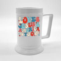 Loves Jesus and America Too Groovy 4th of July God Christian Beer Stein