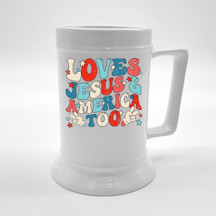 Loves Jesus and America Too Groovy 4th of July God Christian Beer Stein