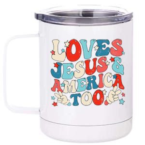 Loves Jesus and America Too Groovy 4th of July God Christian 12 oz Stainless Steel Tumbler Cup