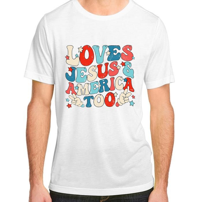 Loves Jesus and America Too Groovy 4th of July God Christian Adult ChromaSoft Performance T-Shirt