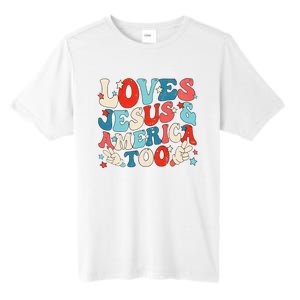 Loves Jesus and America Too Groovy 4th of July God Christian Tall Fusion ChromaSoft Performance T-Shirt