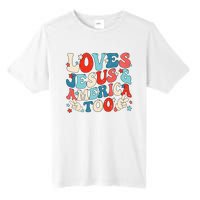 Loves Jesus and America Too Groovy 4th of July God Christian Tall Fusion ChromaSoft Performance T-Shirt