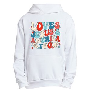 Loves Jesus and America Too Groovy 4th of July God Christian Urban Pullover Hoodie