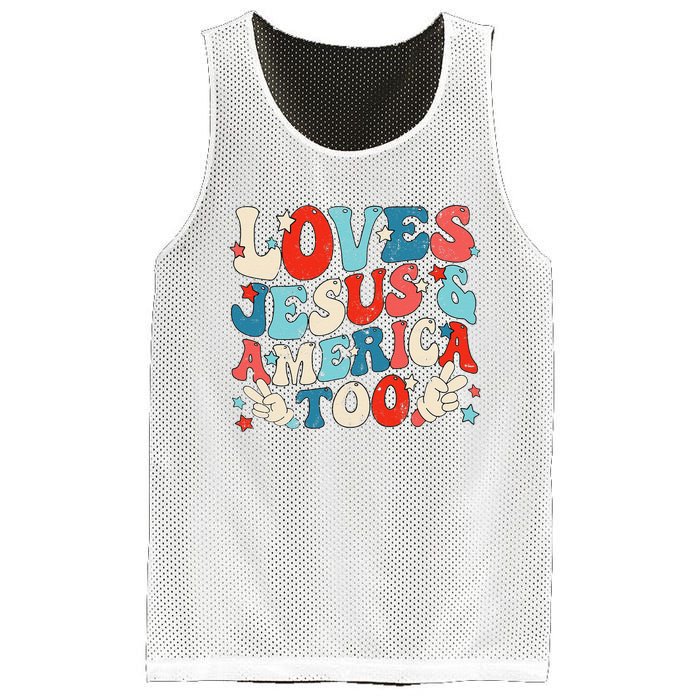 Loves Jesus and America Too Groovy 4th of July God Christian Mesh Reversible Basketball Jersey Tank