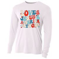 Loves Jesus and America Too Groovy 4th of July God Christian Cooling Performance Long Sleeve Crew