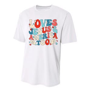 Loves Jesus and America Too Groovy 4th of July God Christian Performance Sprint T-Shirt