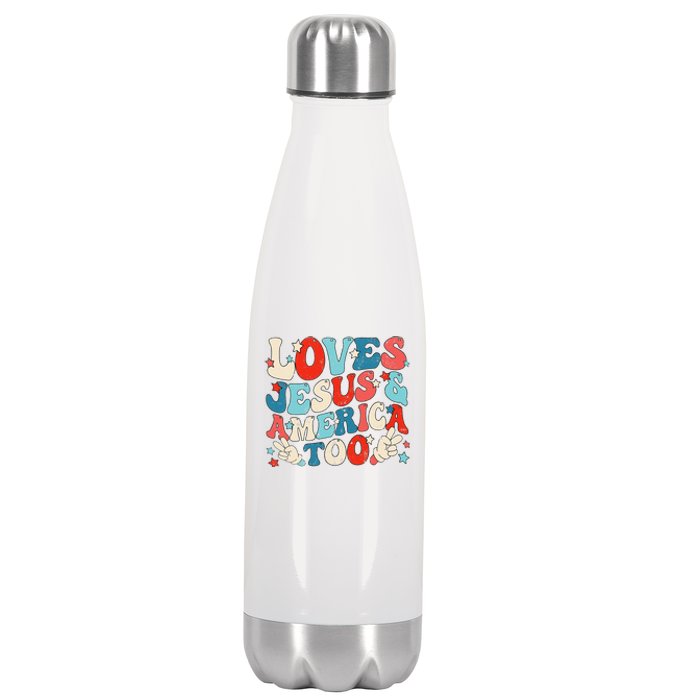 Loves Jesus and America Too Groovy 4th of July God Christian Stainless Steel Insulated Water Bottle