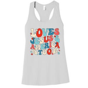 Loves Jesus and America Too Groovy 4th of July God Christian Women's Racerback Tank