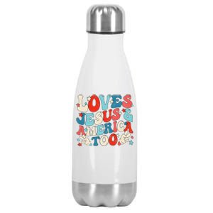 Loves Jesus and America Too Groovy 4th of July God Christian Stainless Steel Insulated Water Bottle