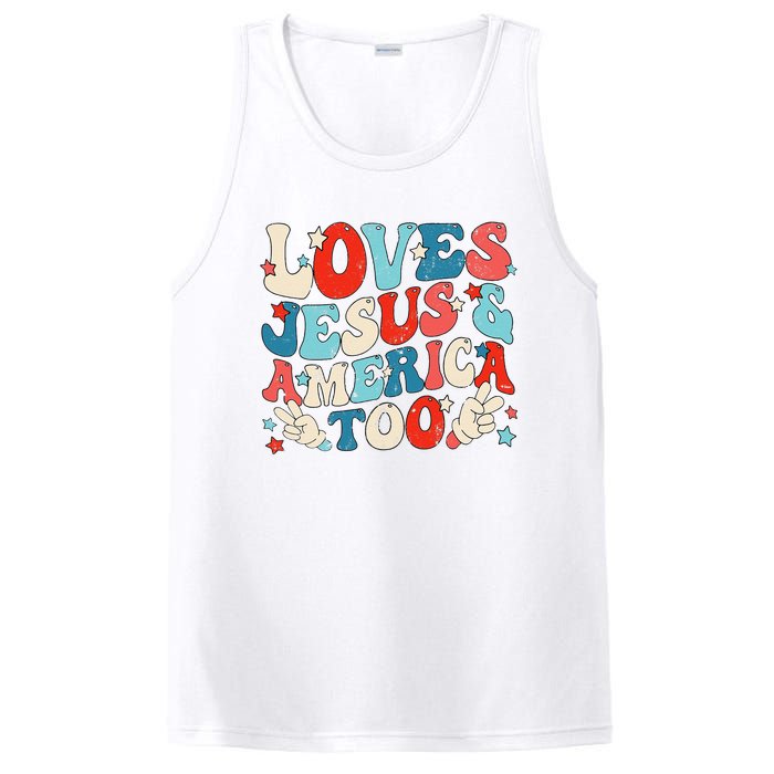 Loves Jesus and America Too Groovy 4th of July God Christian PosiCharge Competitor Tank