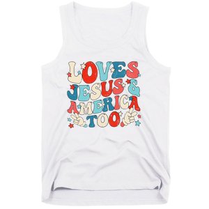 Loves Jesus and America Too Groovy 4th of July God Christian Tank Top