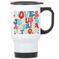 Loves Jesus and America Too Groovy 4th of July God Christian Stainless Steel Travel Mug