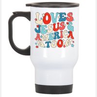 Loves Jesus and America Too Groovy 4th of July God Christian Stainless Steel Travel Mug