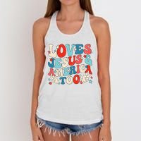 Loves Jesus and America Too Groovy 4th of July God Christian Women's Knotted Racerback Tank